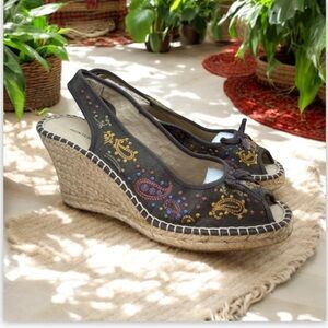 MontegoBay Club EspadrilleWedge Sandal BrownFloral Slingback Embroidered-Sz 7.5